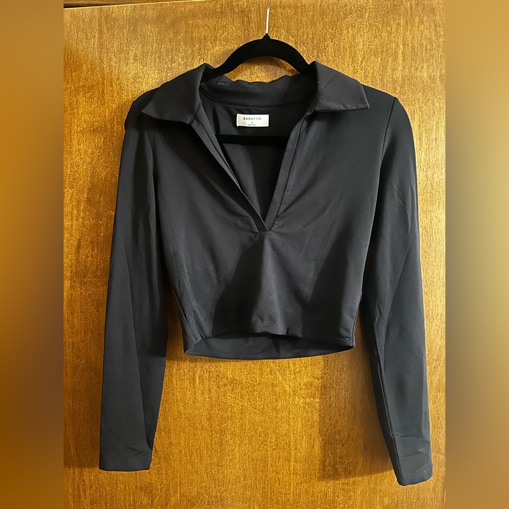 Babaton Black Fitted Crop Blouse with Deep V-Neck and Collar